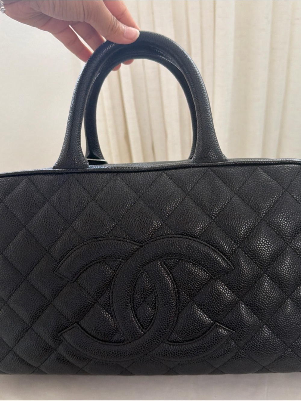 CHANEL Black Bowling Handbag Caviar Leather